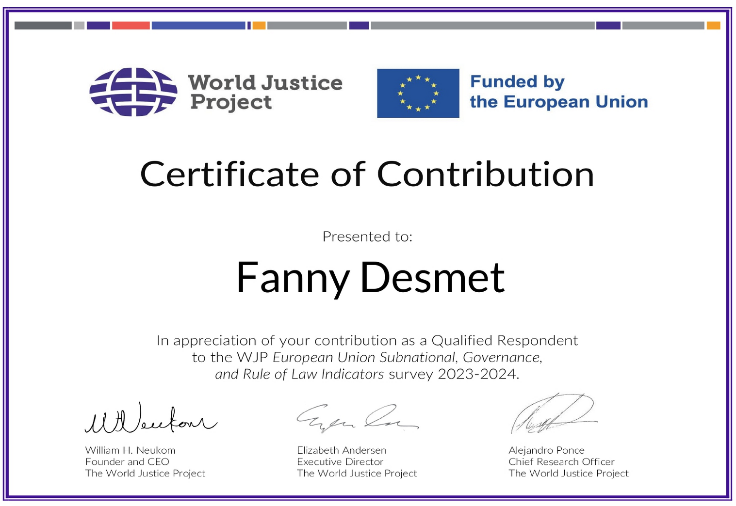 Certification of contribution Fanny Desmet